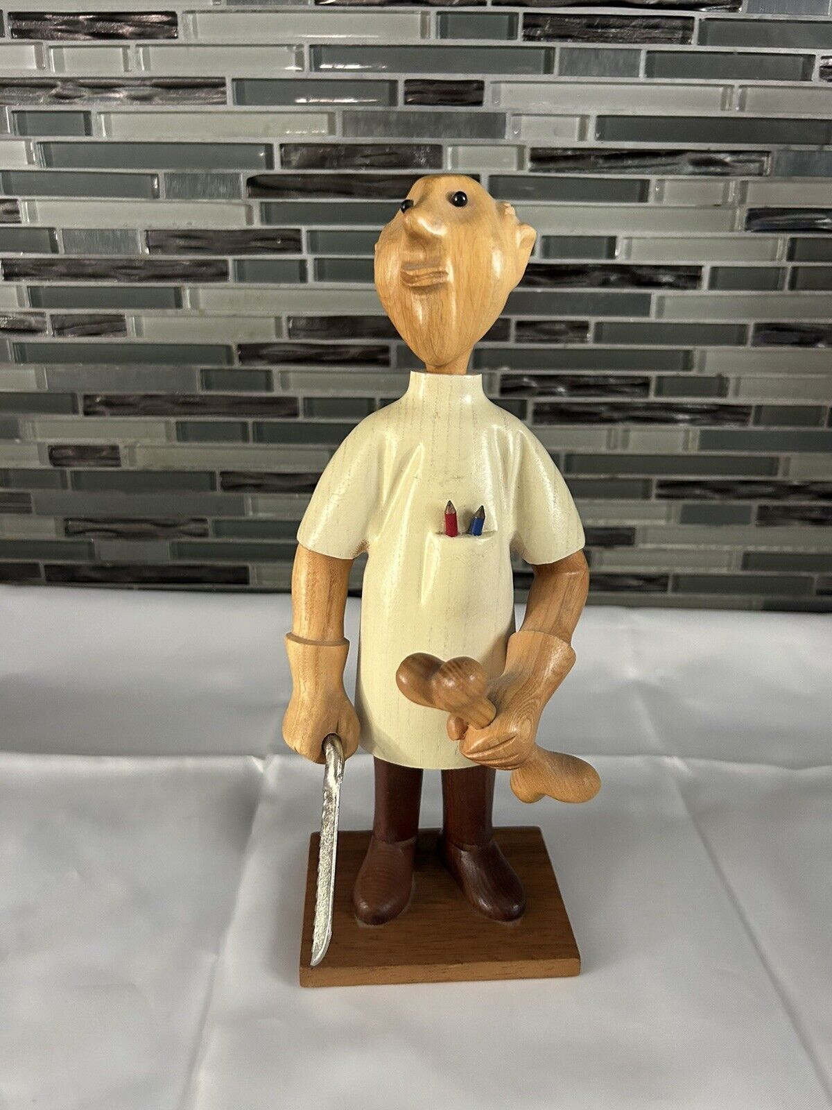 Unique  Vintage Romer Italy Carved Wooden Strange Doctor Figurine w/Saw