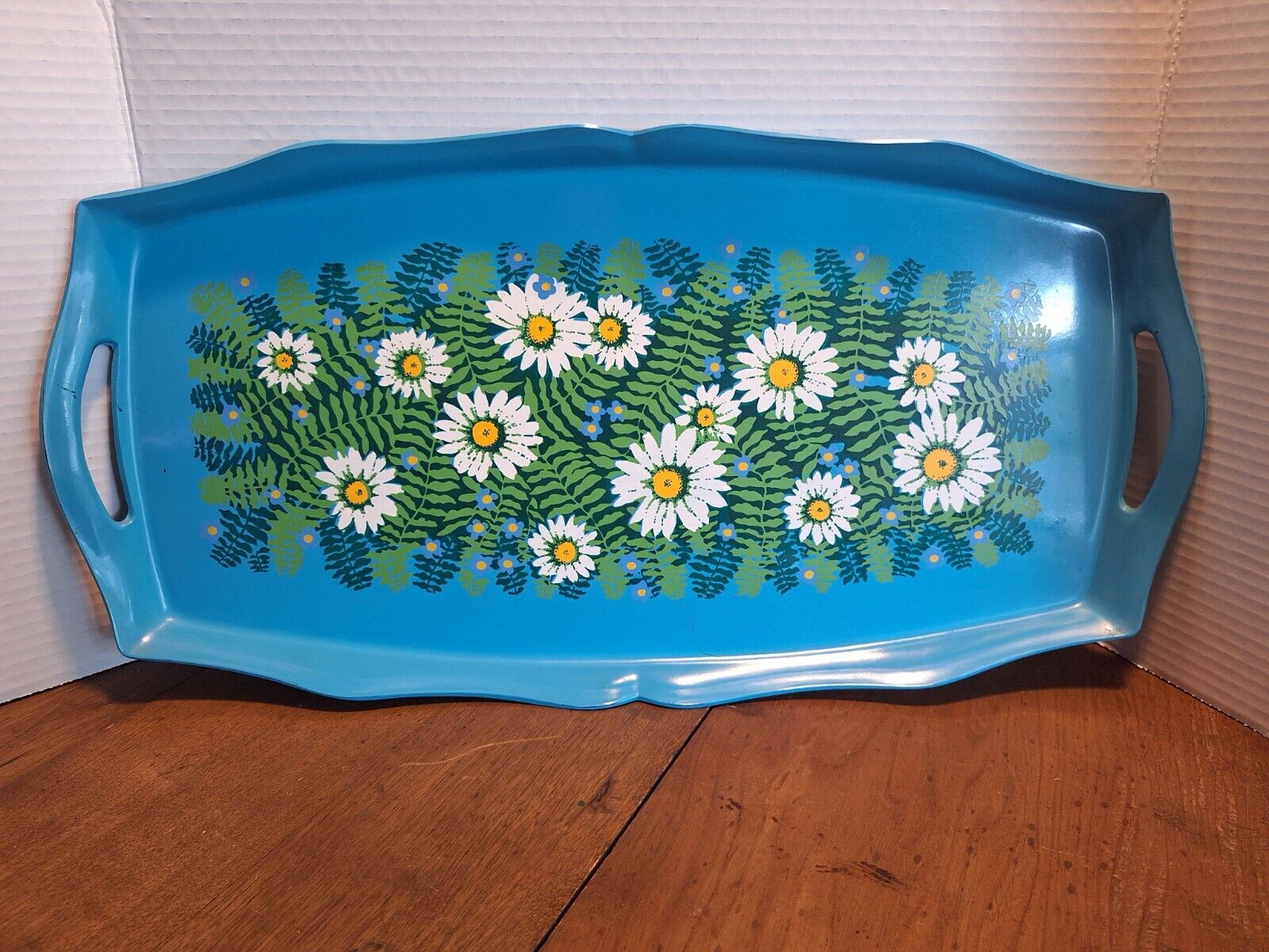 Vintage Blue/Green/White Daisy and Ferns Plastic Serving Tray with Handles MCM 