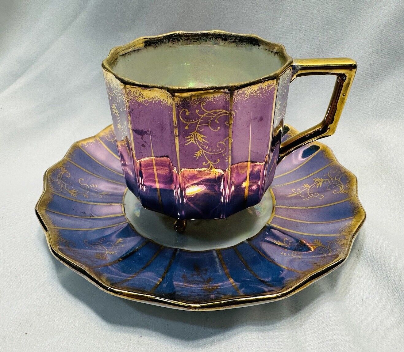 Vintage Tea Cup And Saucer Set Purple Luster Iridescent Gold Detail Footed