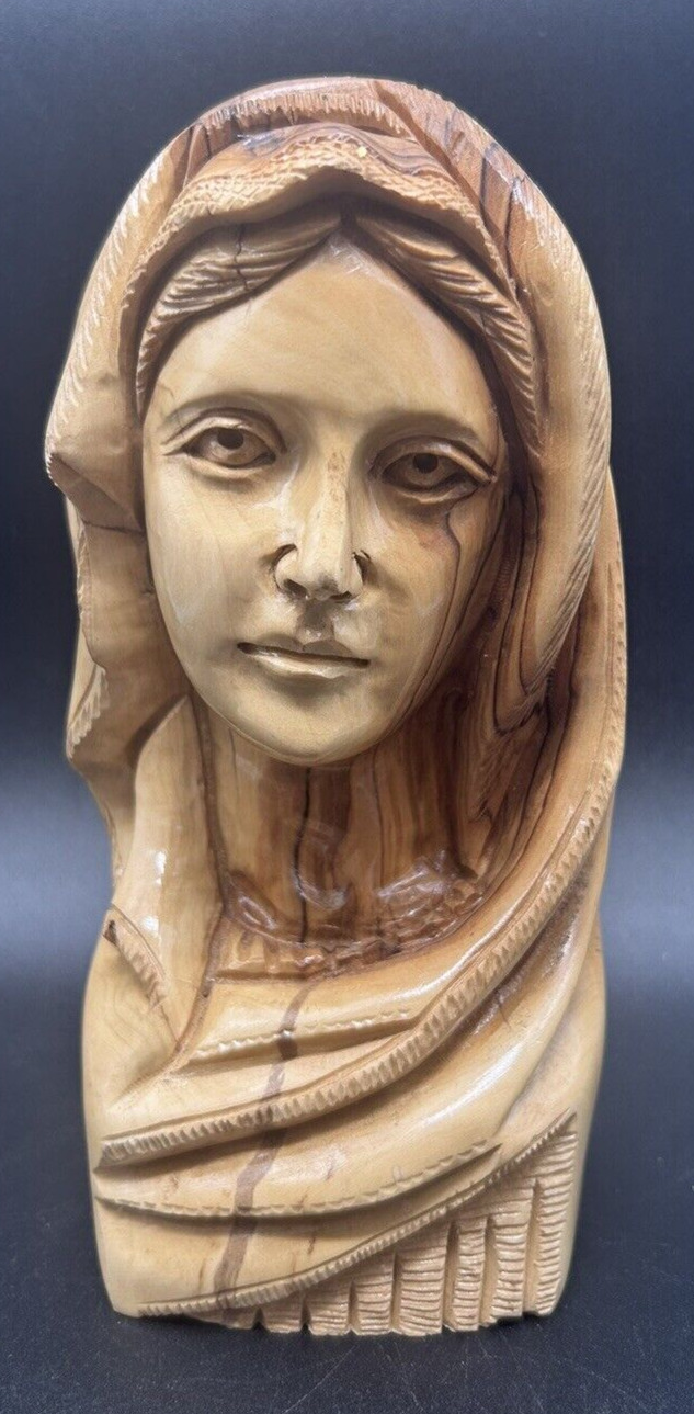Vintage Hand-Carved Olive Wood Virgin Mary Bust From The Holy Land, 8-Inch