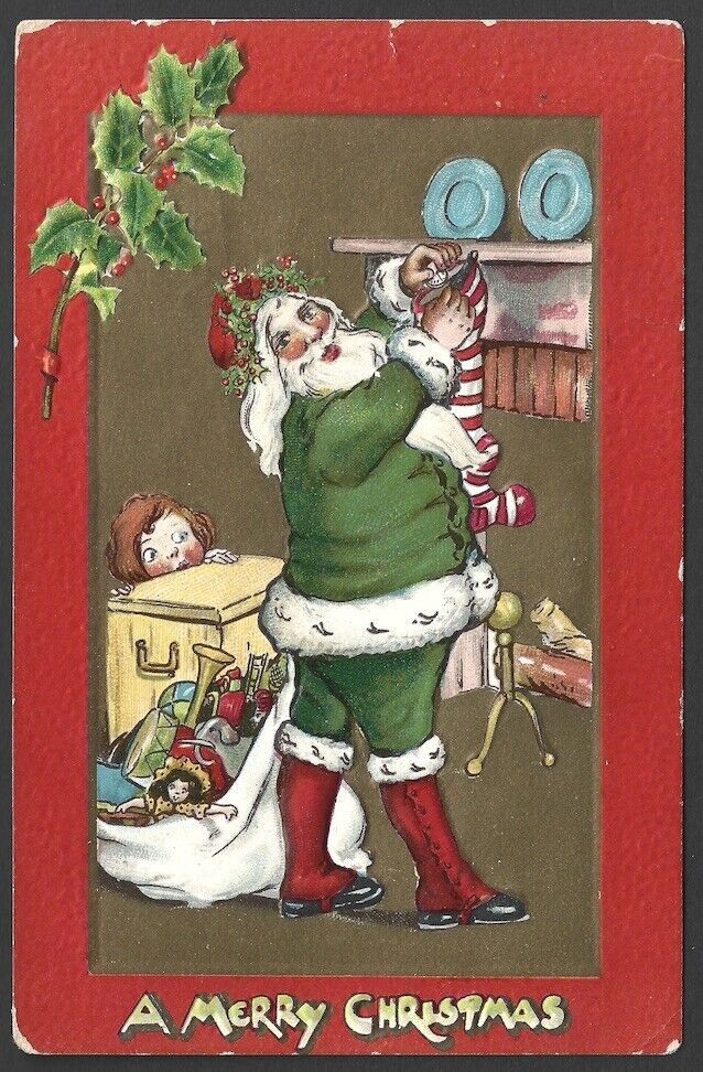 Antique Postcard Christmas Green Santa Clause Tuck's  1910 Postcard