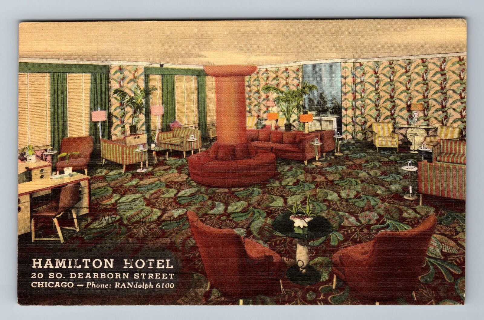 Chicago IL-Illinois, Hamilton Hotel, Lobby, Vintage c1943 Postcard