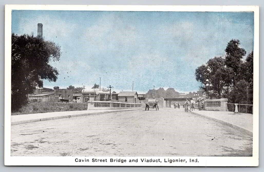 eStampsNet - Ligonier IN - Cavin Street Bridge & Viaduct Blue Tint Postcard 