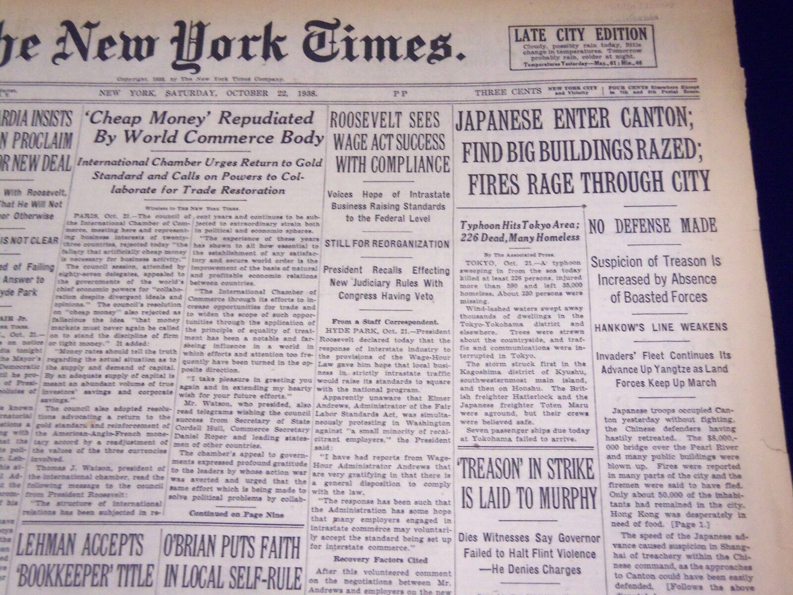 1938 OCT 22 NEW YORK TIMES - JAPANESE ENTER CANTON, FIRES RAGE IN CITY - NT 697