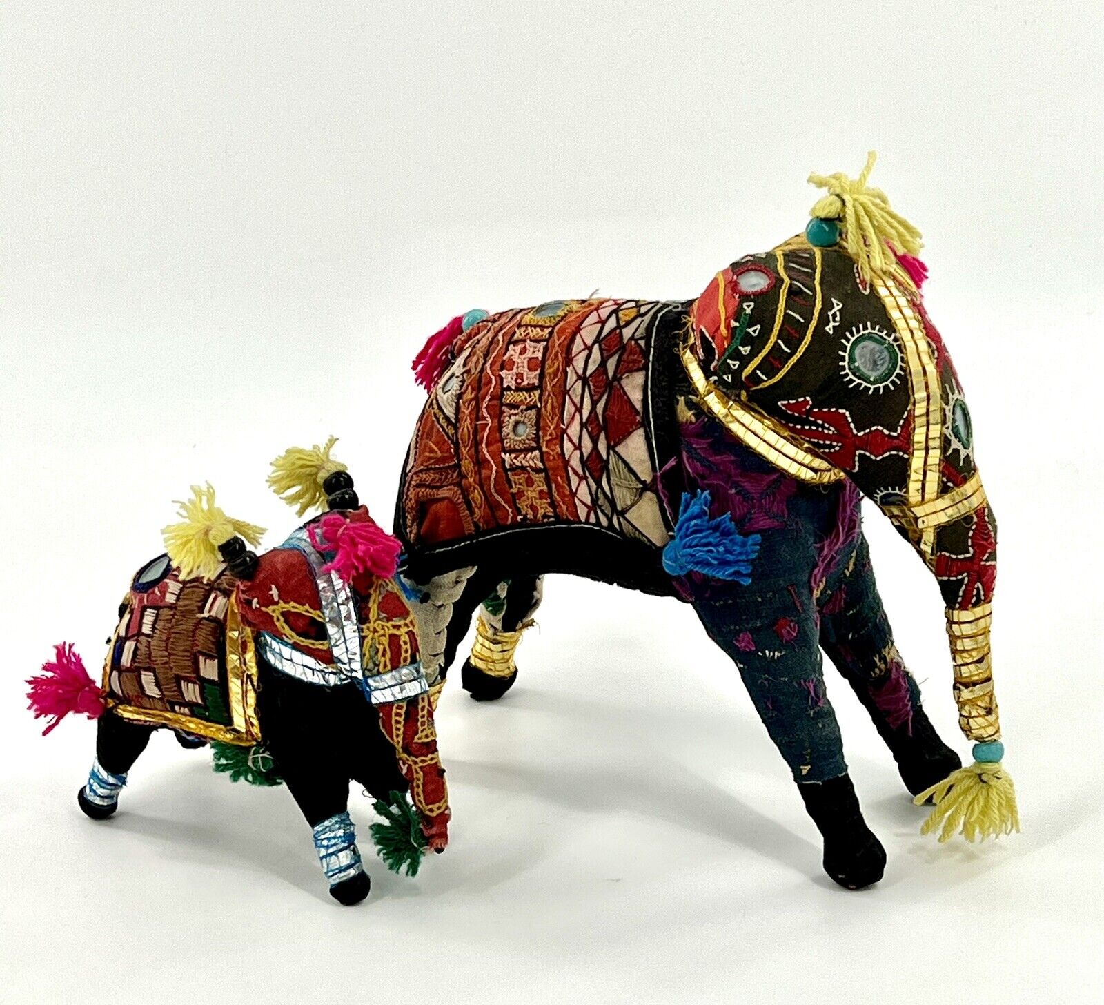 Set Of 2 VTG Hand-Crafted ANGLO RAJ Stuffed Cotton Embroidered ELEPHANT/India