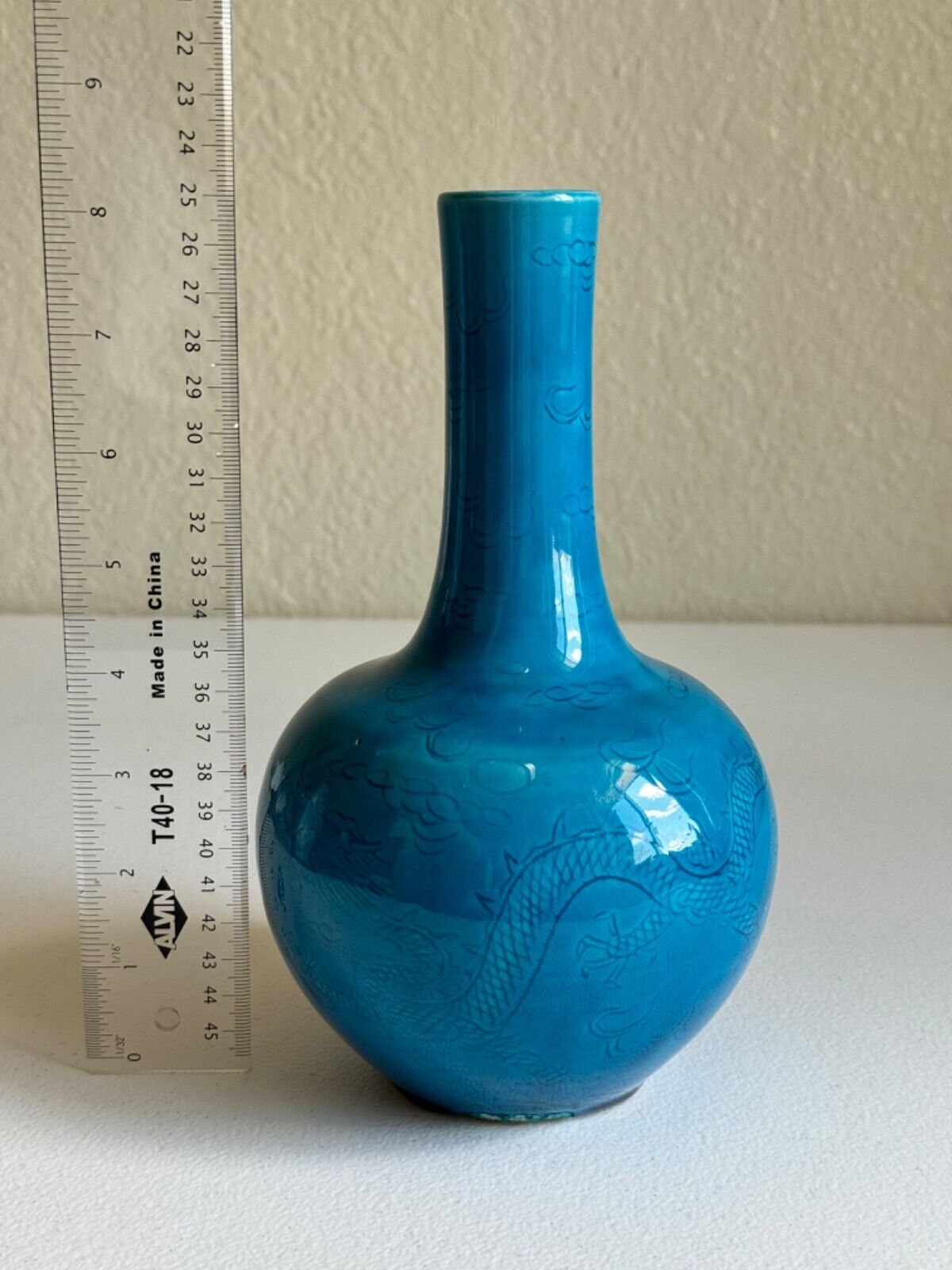 Nice Example Of a Chinese Monochrome Turquoise Dragon Incised Porcelain Vase 