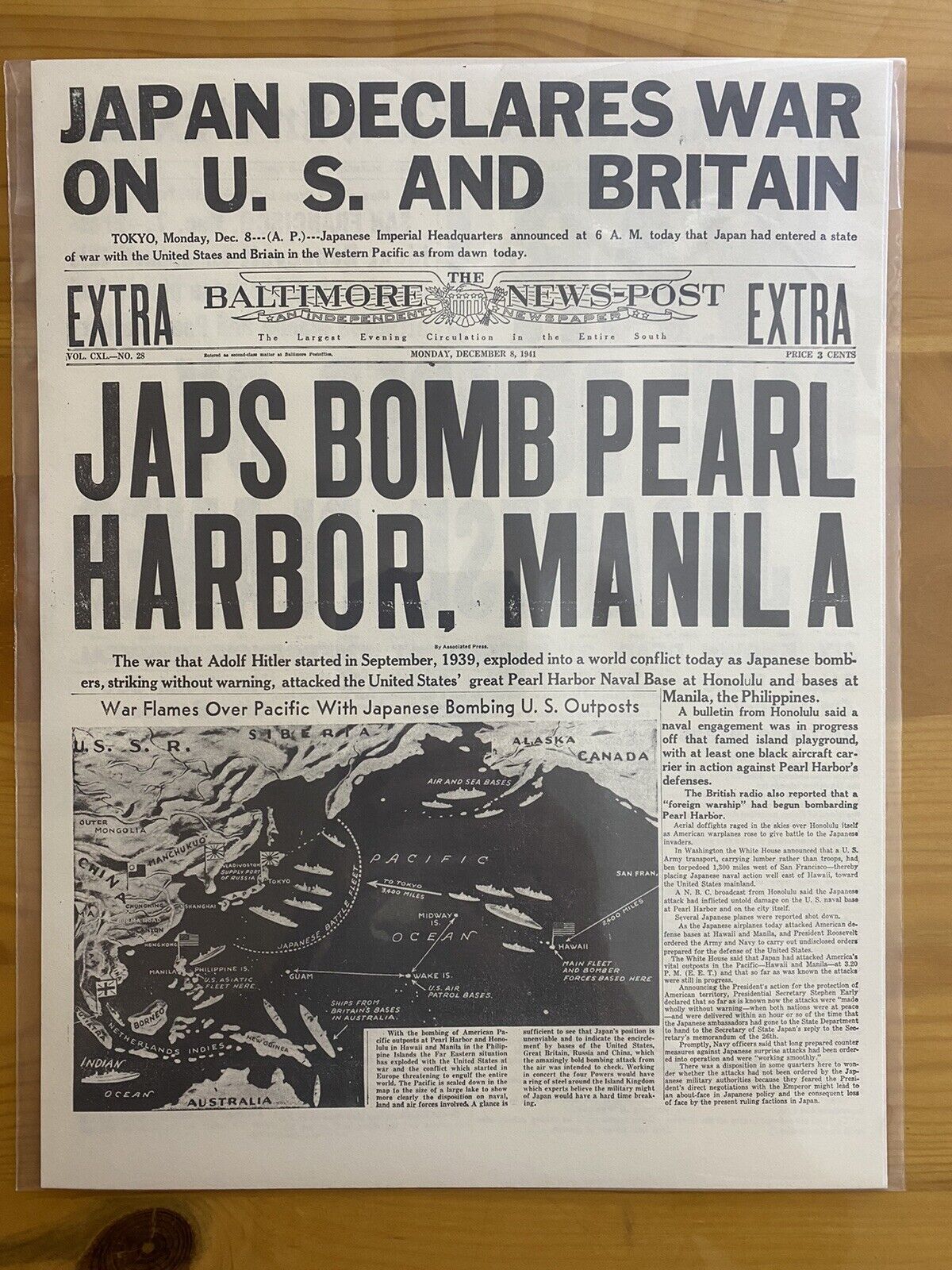VINTAGE NEWSPAPER HEADLINE ~JAP PLANES BOMB PEARL HARBOR WWII 1941 ATTACK HAWAII