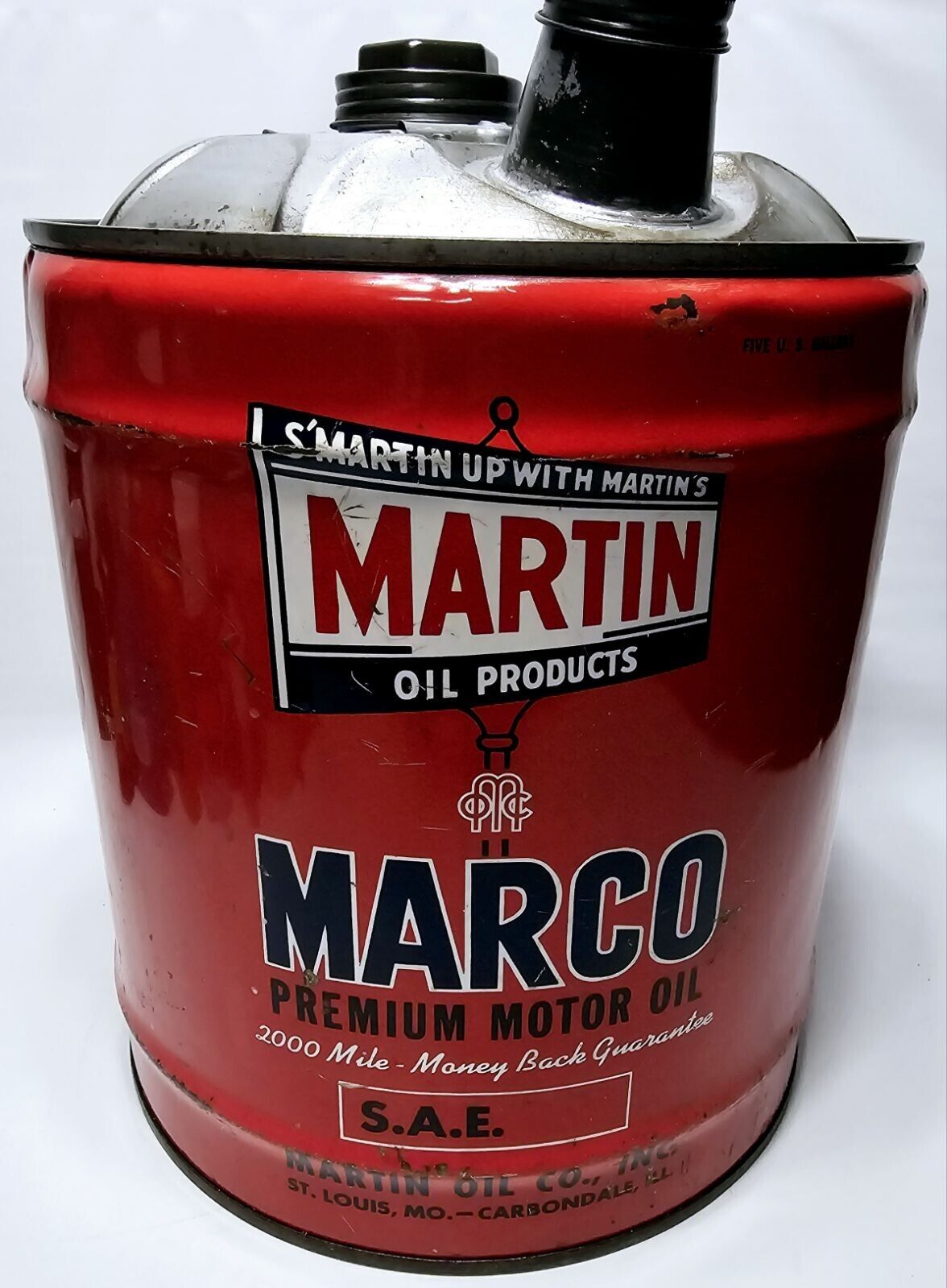 Vtg Marco 5 Gallon Premium Motor Oil Can EMPTY- S'Martin Up With Martin's- RARE