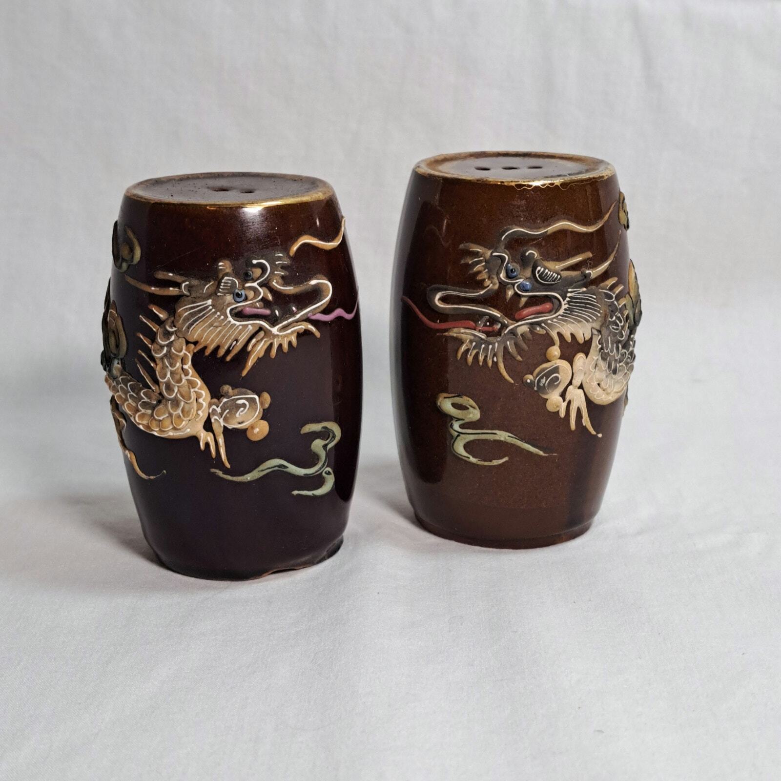 Vintage Japanese Moriage Dragonware Salt Pepper Shakers Brown Gold 3\