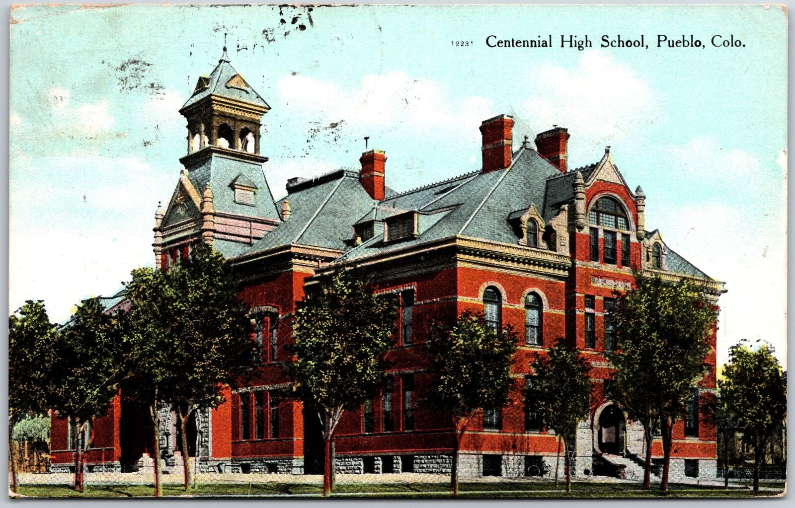 1909 Centennial High School Pueblo Colorado CO Pines & Building Posted Postcard