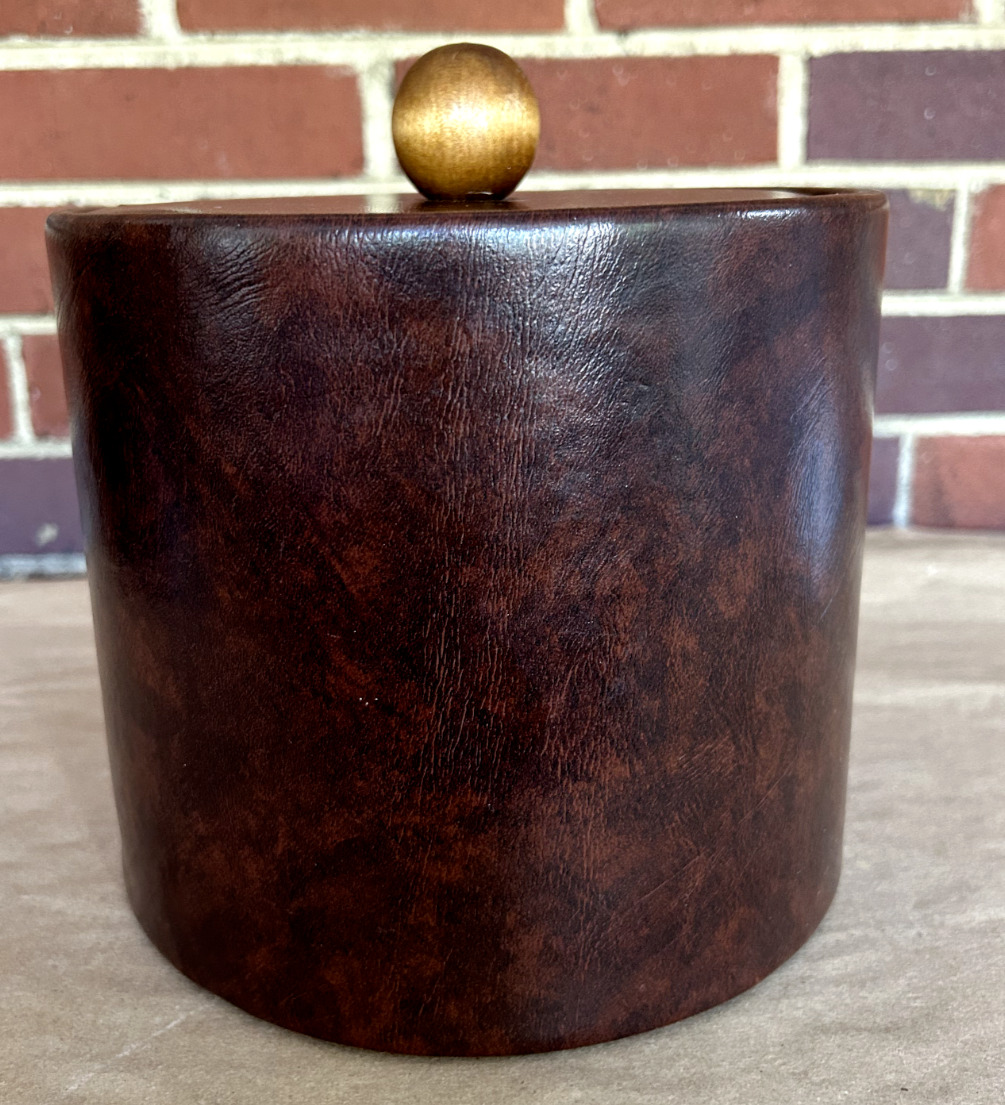Vintage Elmar Mfg. Ice Bucket with Lid ~ Brown Faux Leather with Wood Knob