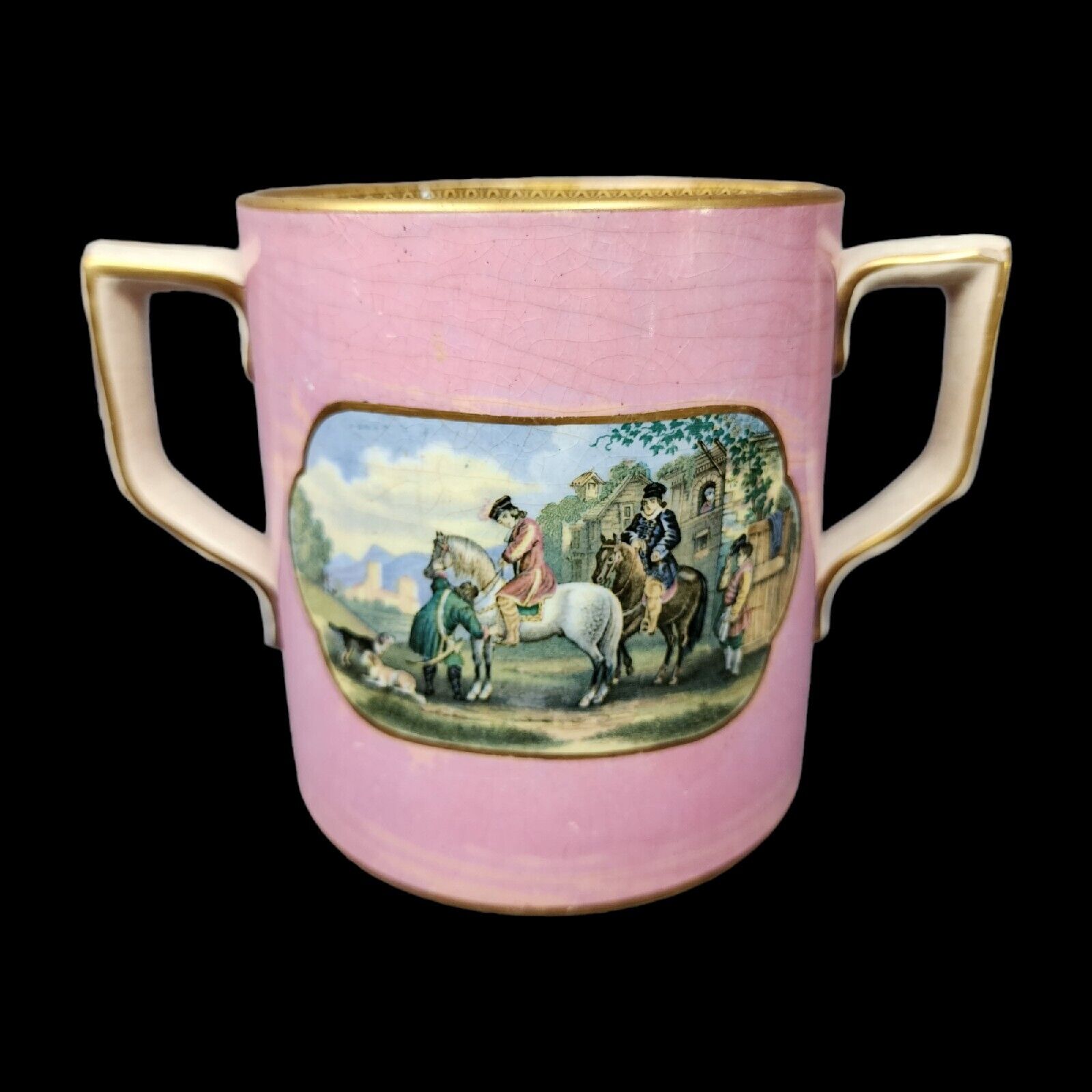 F & R Pratt Antique Loving Mug Double Handle Cup Fenton Transferware Pink Horse