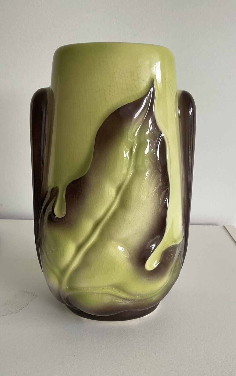 Vintage Estate Royal Copley Deco Ceramic ~Retro ~ Lime & Brown Leaf Vase.