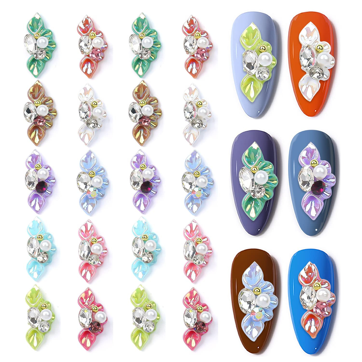 20PCS 3D Flower Nail Charms for Nails Mix Color Pearls Crystals Design 3D Flower