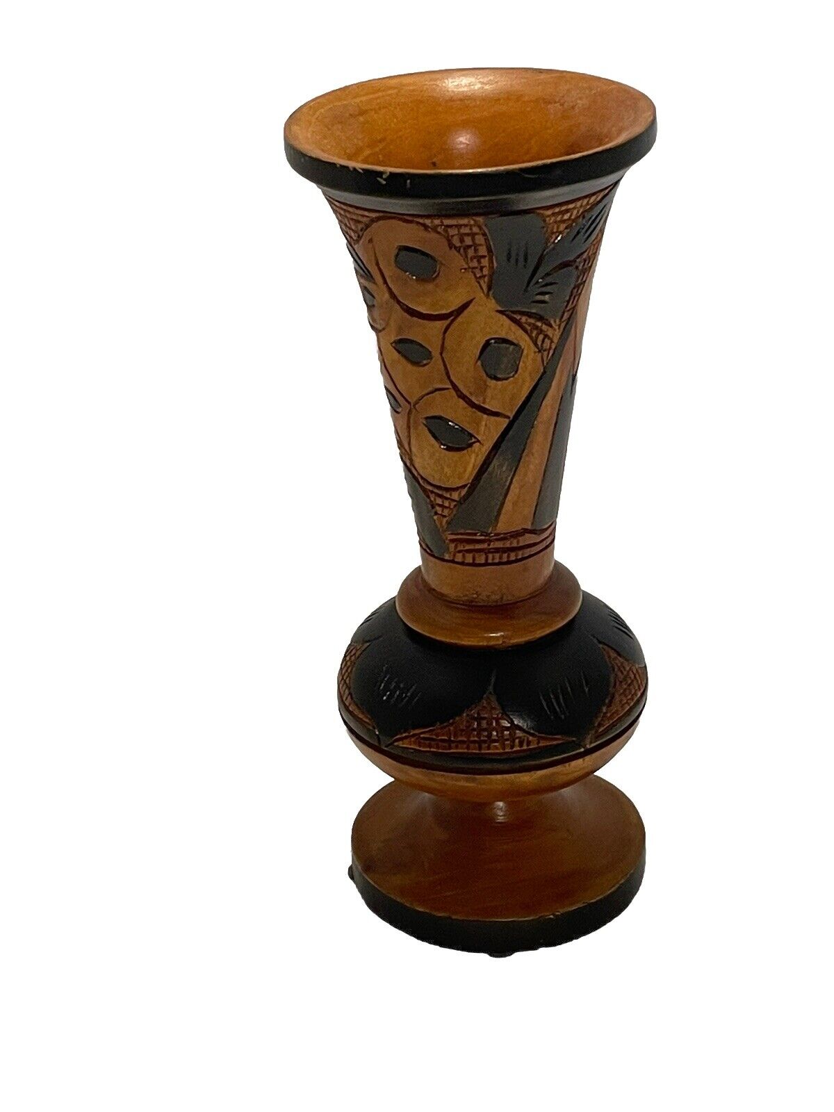 Vintage Wood Hand Carved Vase Leaves And A Bird 9.5\
