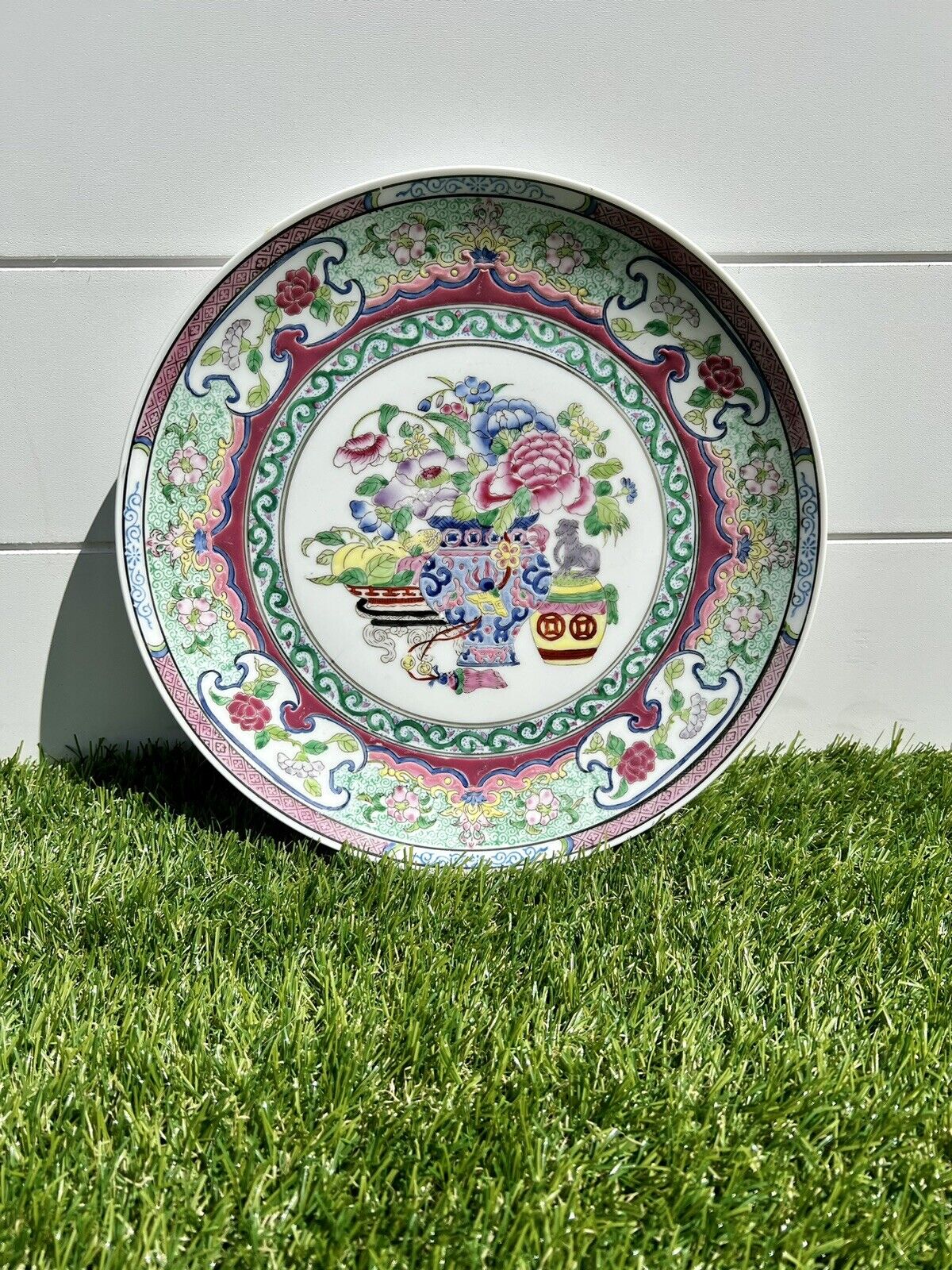 Vintage CPC Chinese MACAU handcrafted plate w/ raised relief FLOWERS POTS & JARS