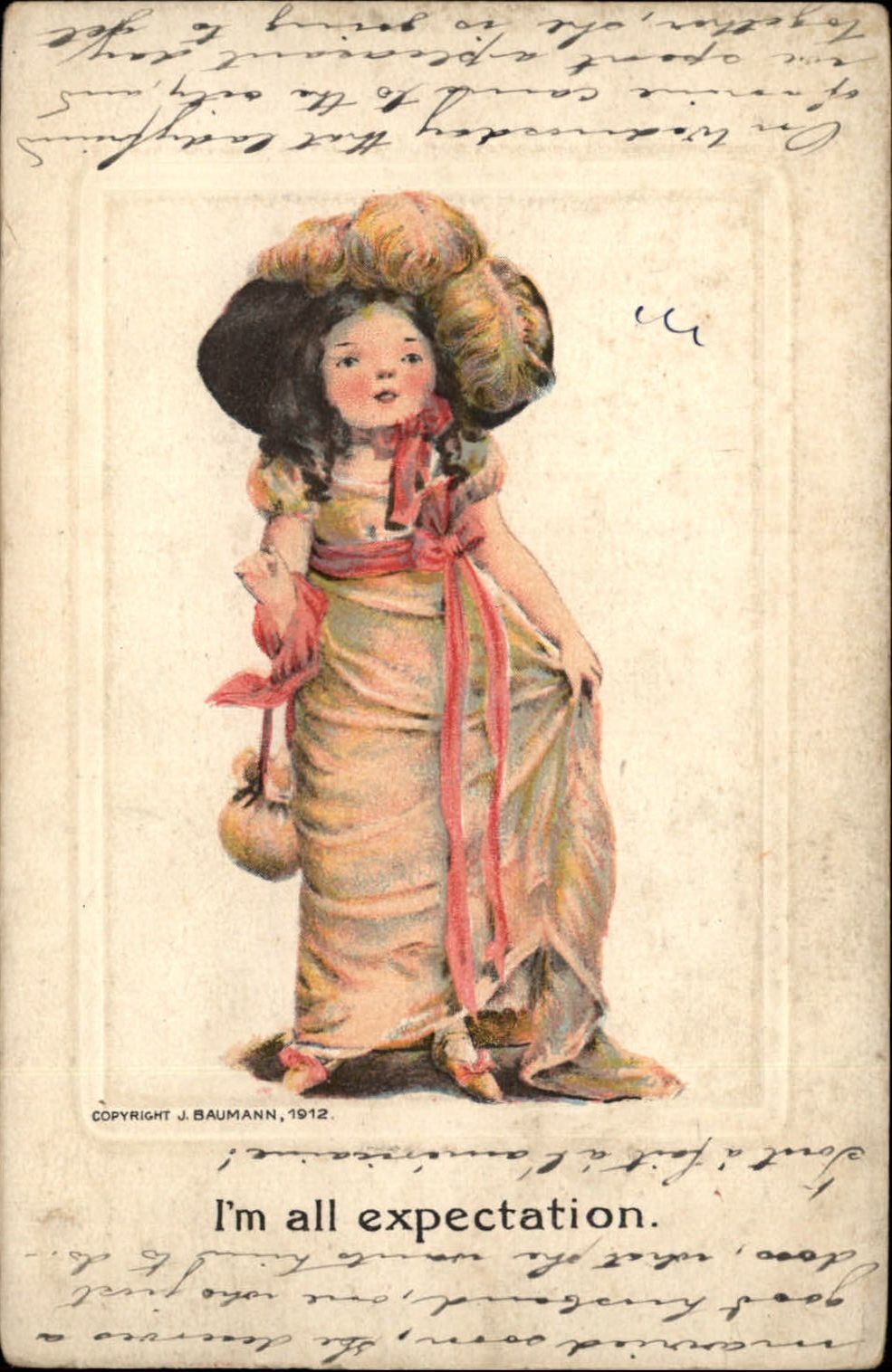 Comic cute young girl Edwardian fashion feather hat J Baumann ~ 1915 PPIE cancel