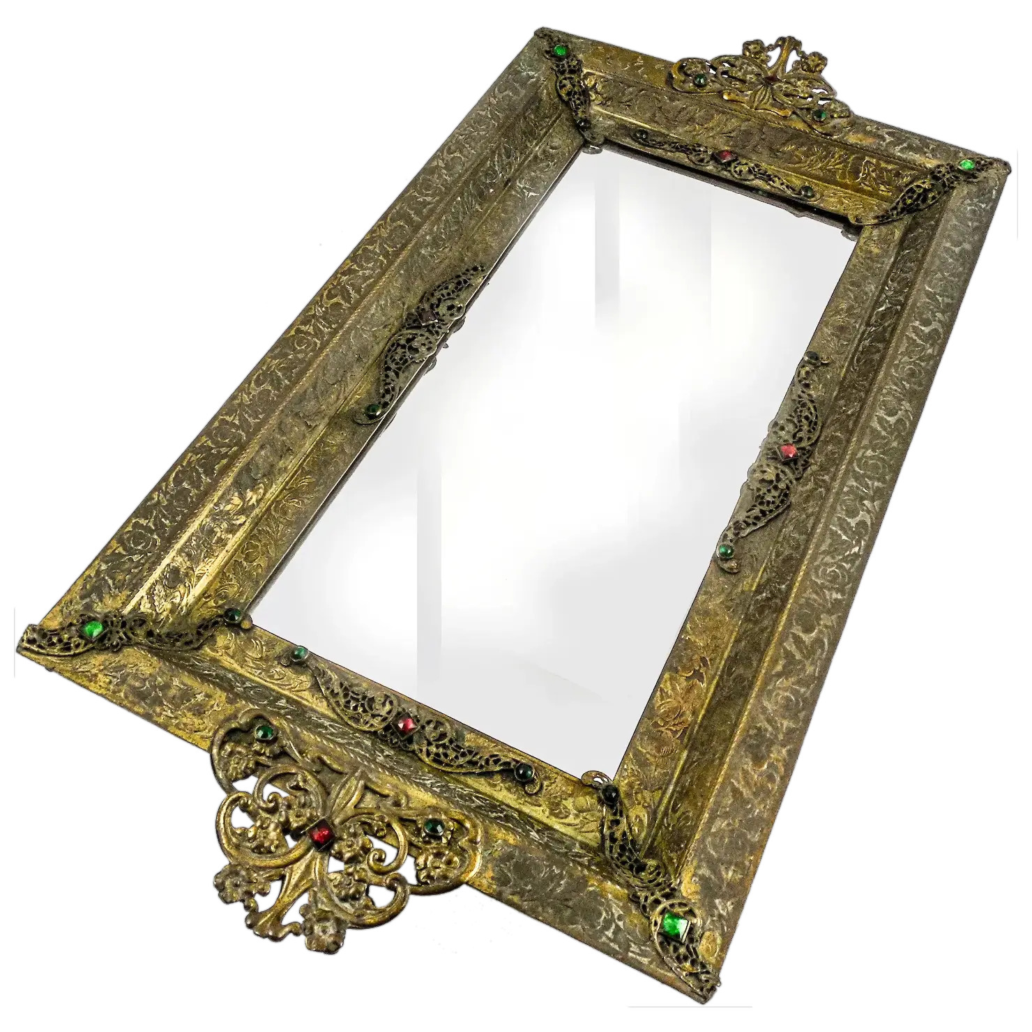 Gold Ormolu 24 Jeweled Mirrored Footed Brass Vanity Tray - FINE & RARE c. 1920s