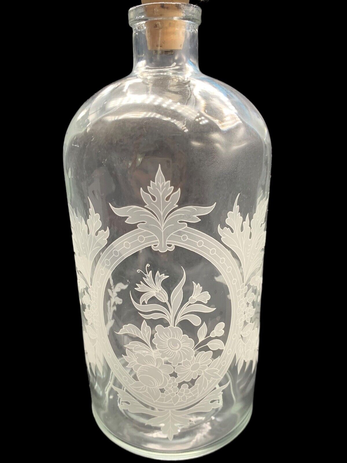 Vintage Molded, Etched Glass Decanter w Stainless Cork Cap