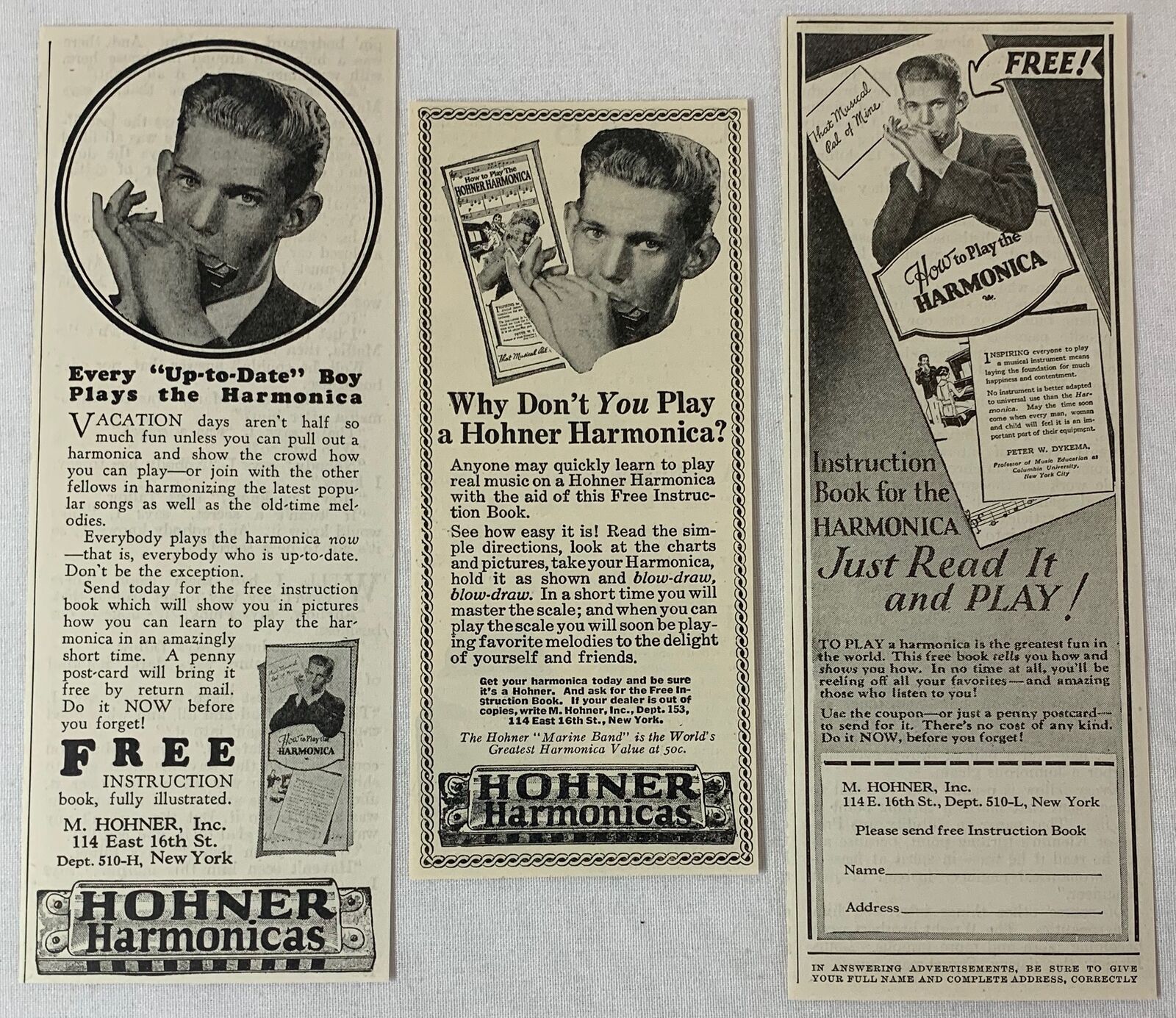 lot of three HOHNER HARMONICA ads ~ 1927-1928