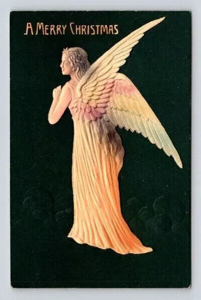 Pretty~Christmas Angel~Antique ~Embossed Airbrushed Velvet Postcard~k743