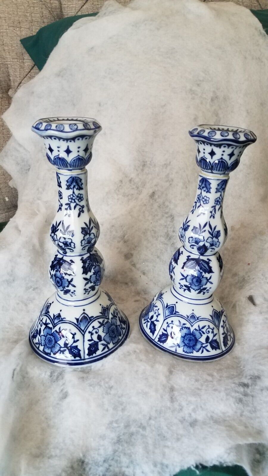 Vntg Pair Of Blu/white Ceramic Candle Holders 10\