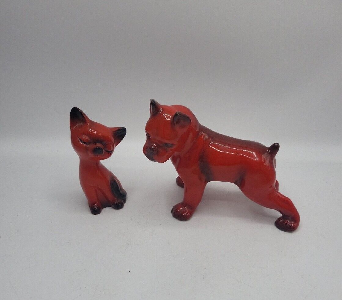 Vintge Orange & Black Cat & Dog Ceramic Figurines MCM Repair On Dog