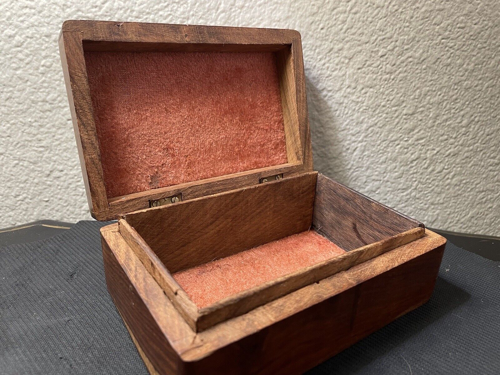  Vintage Wooden Box Teak Trinket or Stash Box with Hinged Lid Velvet Lining