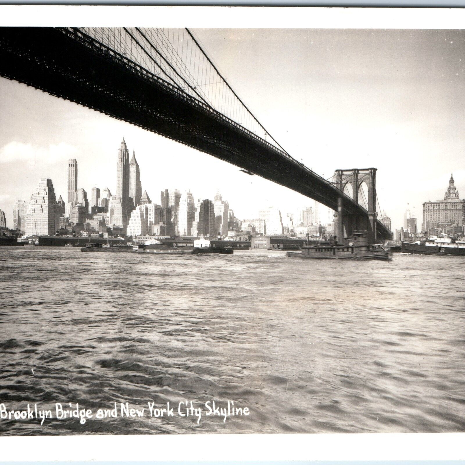 c1950s New York City, NY RPPC Brooklyn Bridge Skyline Steam Ship Sawyers PC A164