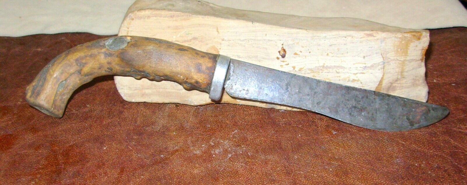 Primitive Antique Hand Made Antler Stag Trade Knife-Native? Poured Lead Rivets
