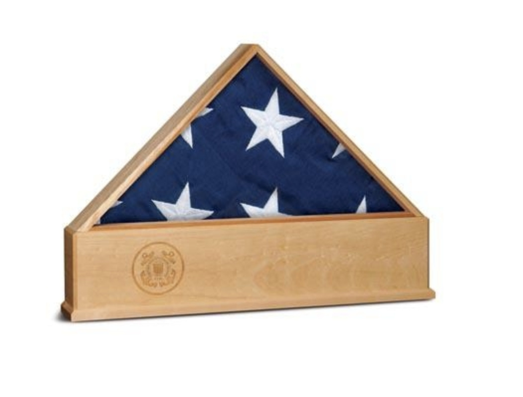 SOLID OAK US FLAG DISPLAY CASE WITH COAST GUARD EMBLEM BURIAL SHADOW BOX