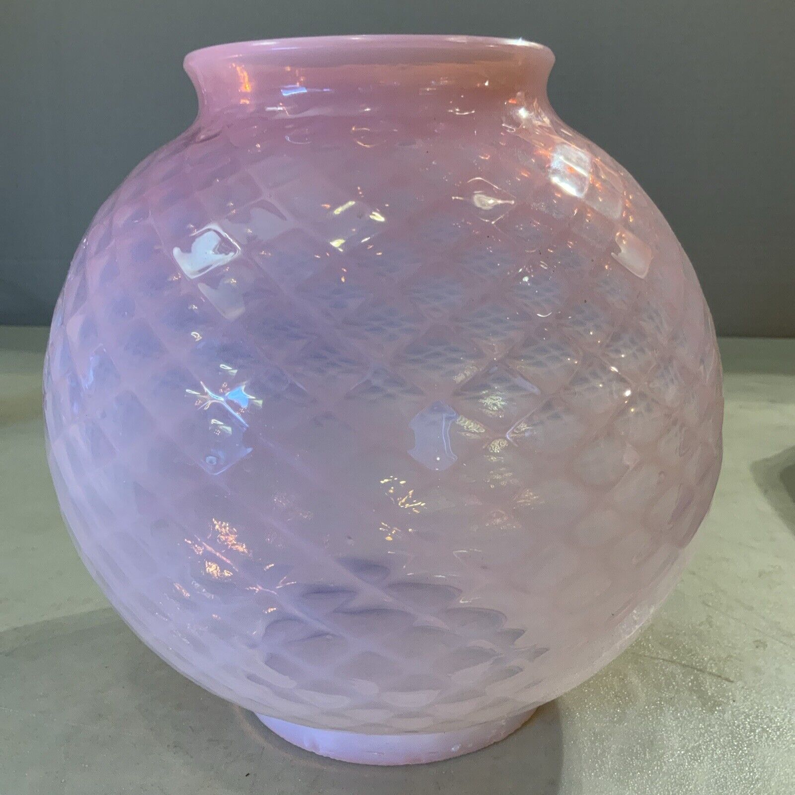 Vintage Antique 8.5” Pink Opalescent Diamond Quilted Optic Lamp Shade Globe Ball