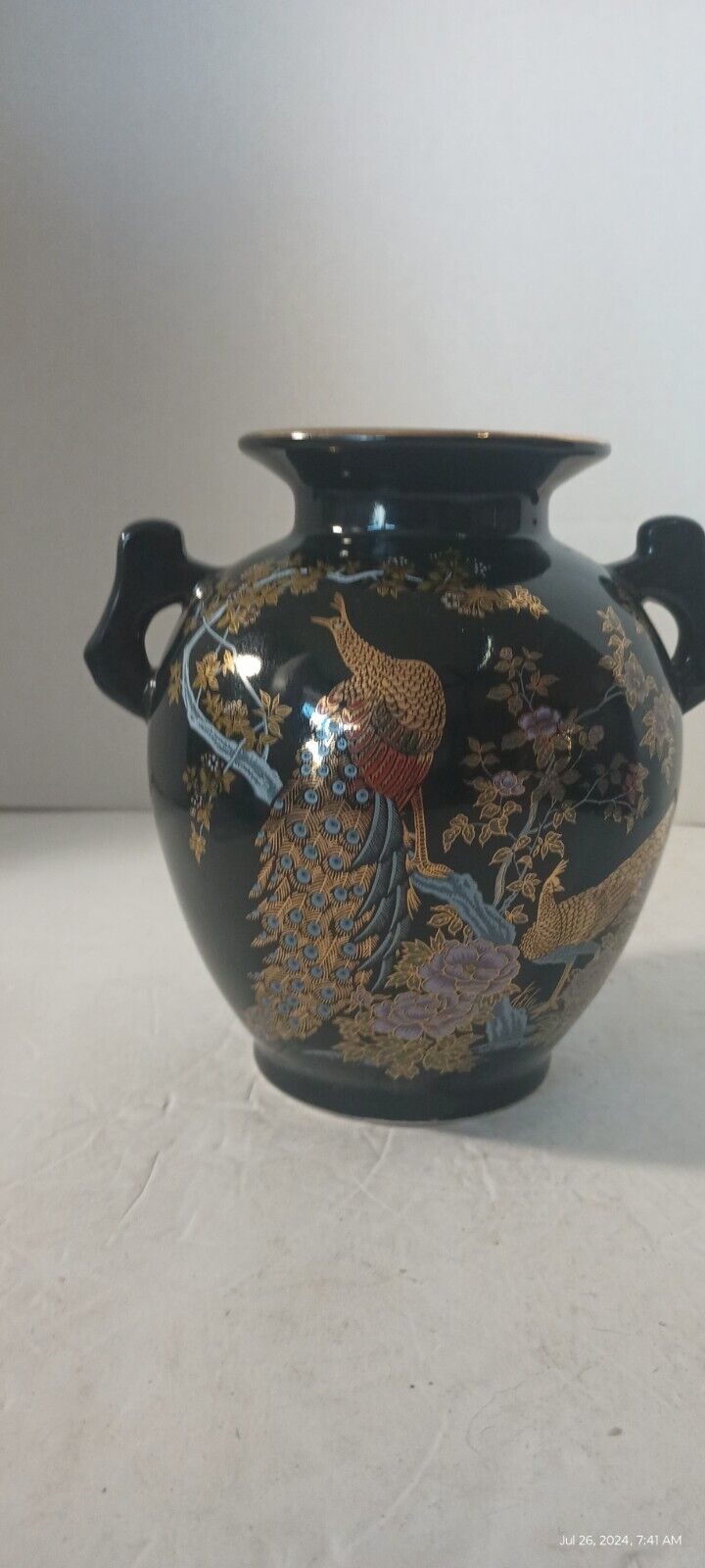 Vintage 1960\'s Japanese Porcelain Handled Vase Peacocks and Chrysanthemums