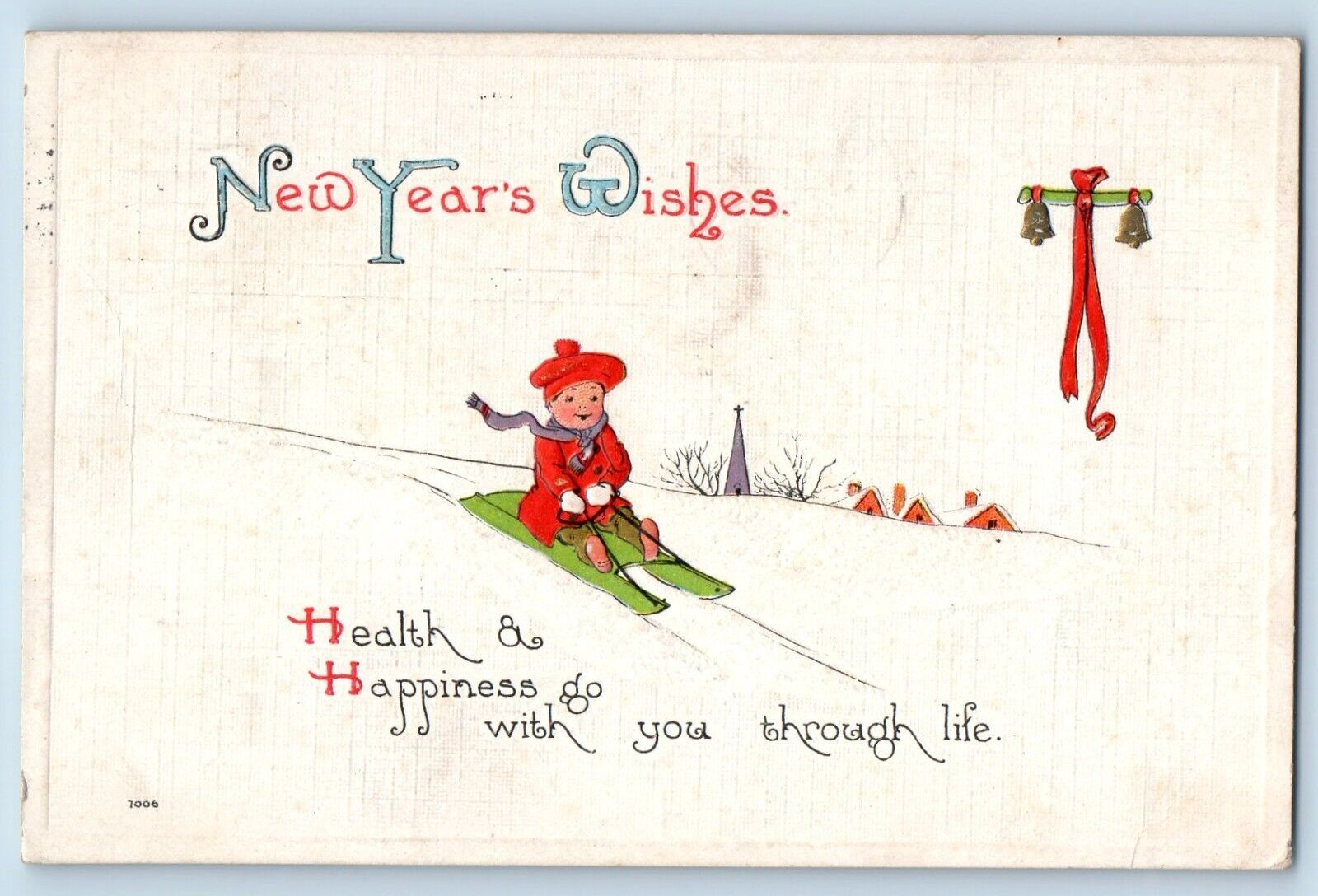 Fremont Nebraska NE Postcard New Year Wishes Boy Sledding Church Embossed 1916