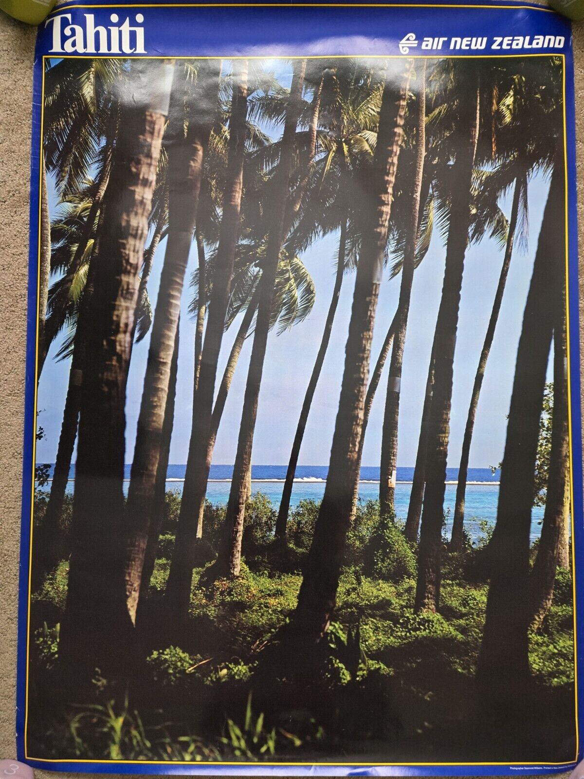 Air New Zealand Airline Promo Poster Tahiti Beach 1980s Vintage 36x26 