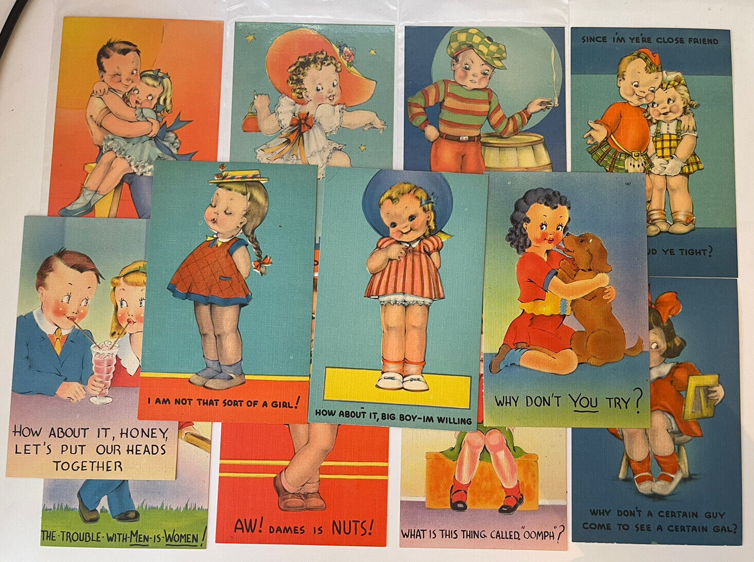 Vintage Comic Postcard Cute Boy Girl Children Linen 1930’s Lot Set Unposted