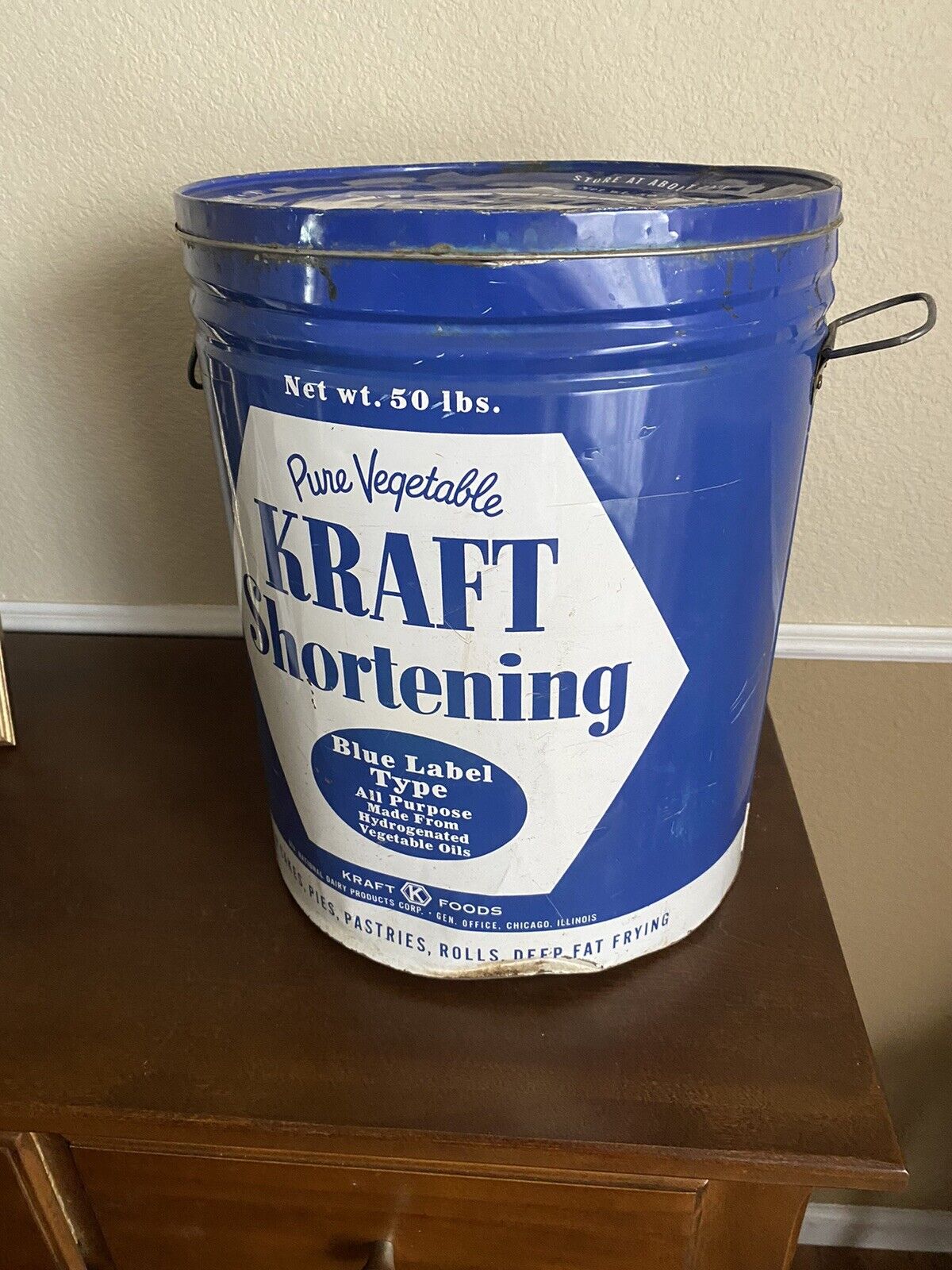 KRAFT Shortening Blue Label  50 Lb. Lard Can Tin Bucket Drum Vintage Advertising