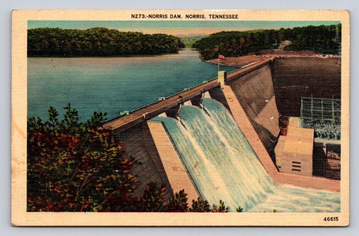 Linen Birds Eye Aerial View Norris Dam TVA Project Clinch River Tennessee P662
