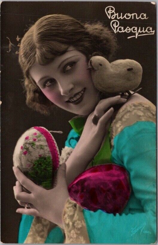 c1910s Italian EASTER Photo RPPC Postcard Pretty Girl Chick & Egg 
