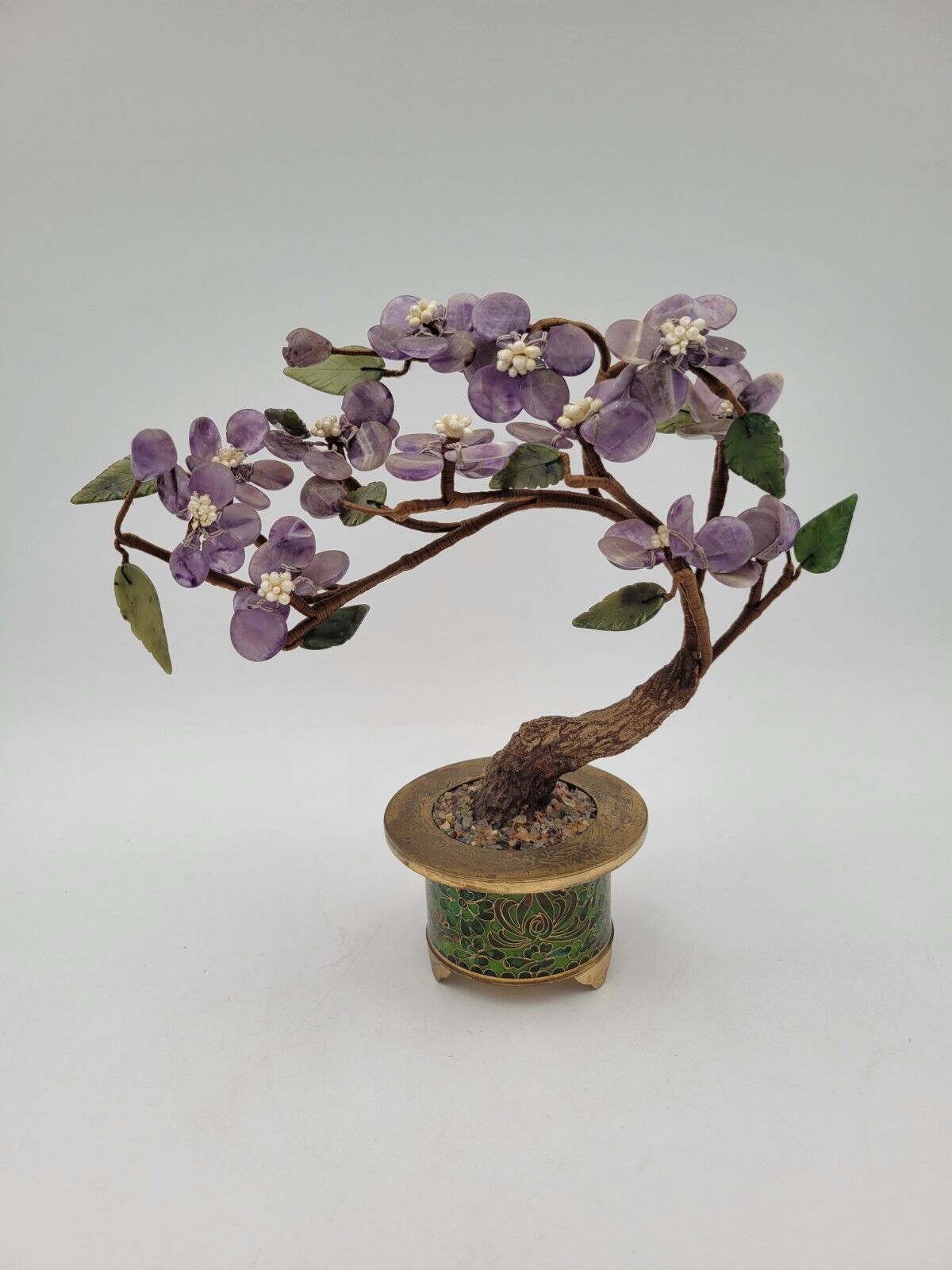 Vintage Chinese Jade Bonsai Tree In Cloissone Pot Amethyst Flowers 