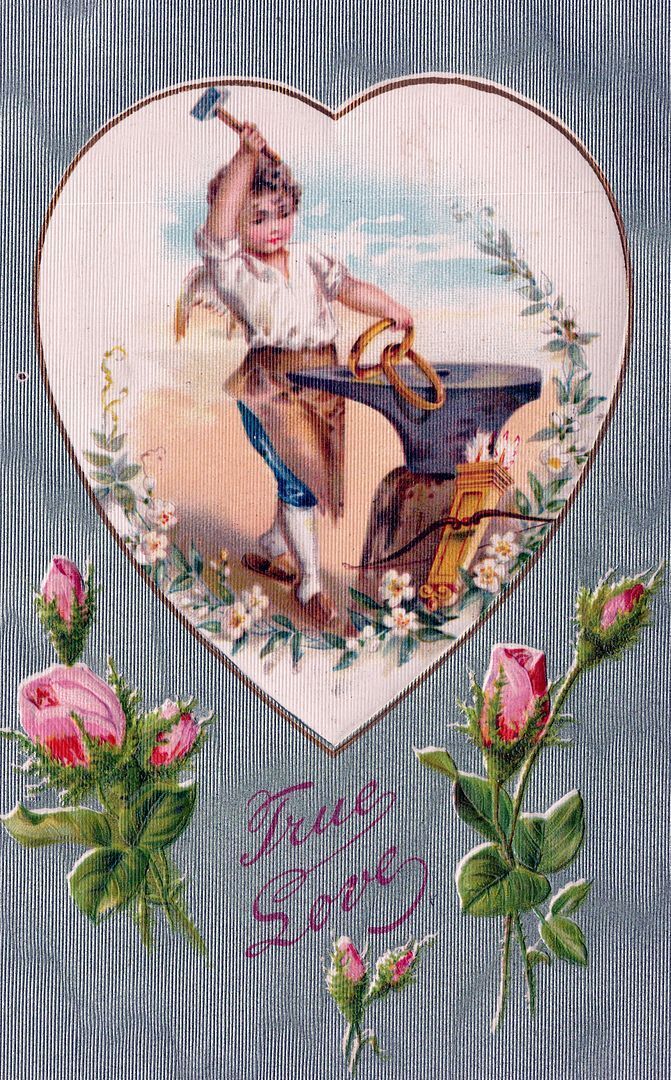 VALENTINE'S DAY - Forging Hearts Together Silk Covered True Love Postcard - 1908