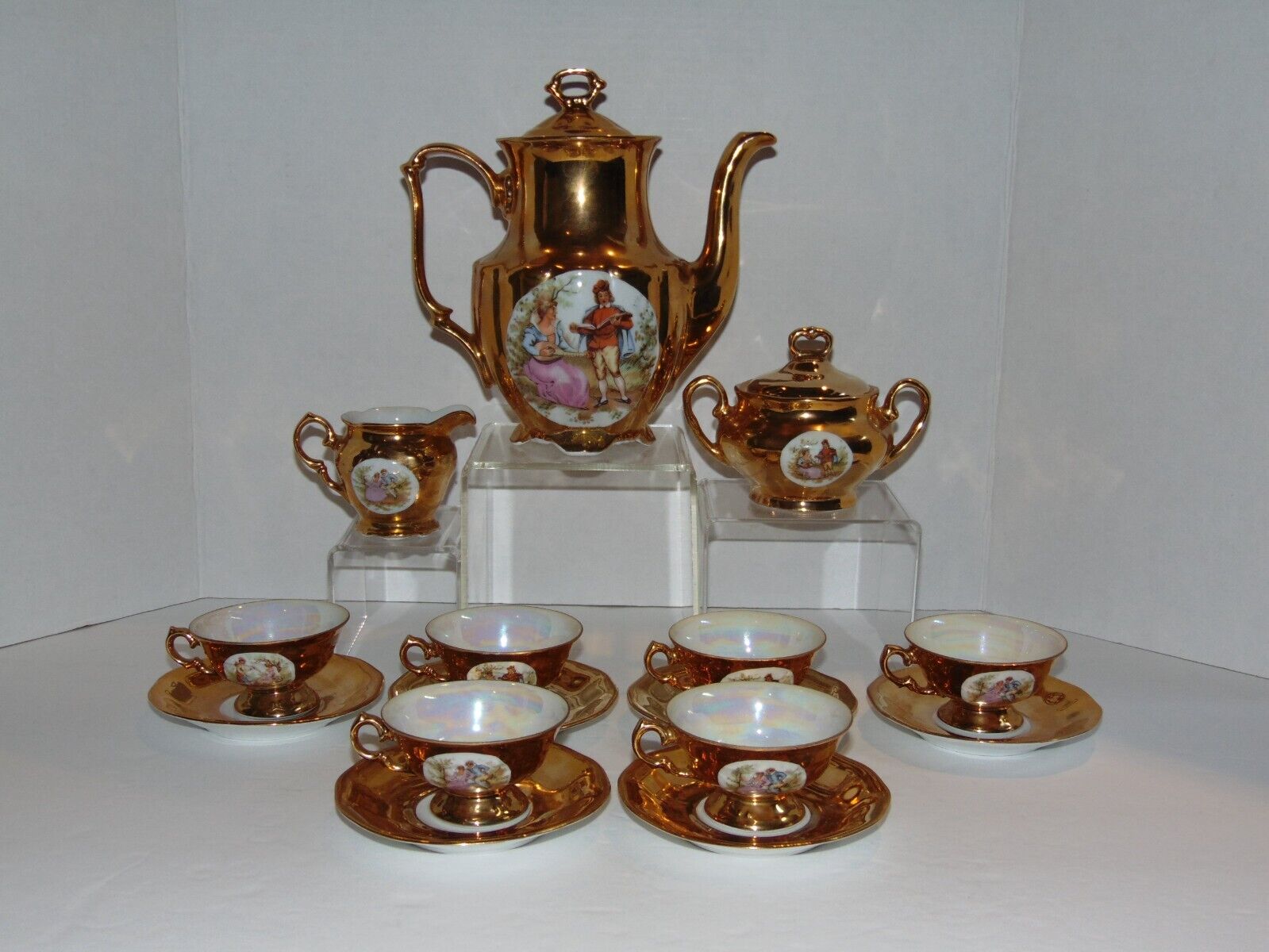 COMPLETE VTG. WALBRZYCH POLAND Gold Lustre Courting Couple Decal Coffee/Tea Set