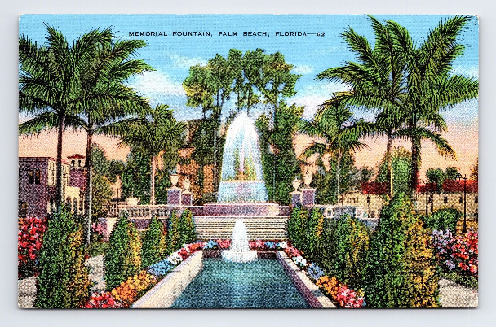 Linen Postcard Palm Beach FL Florida Memorial Fountain