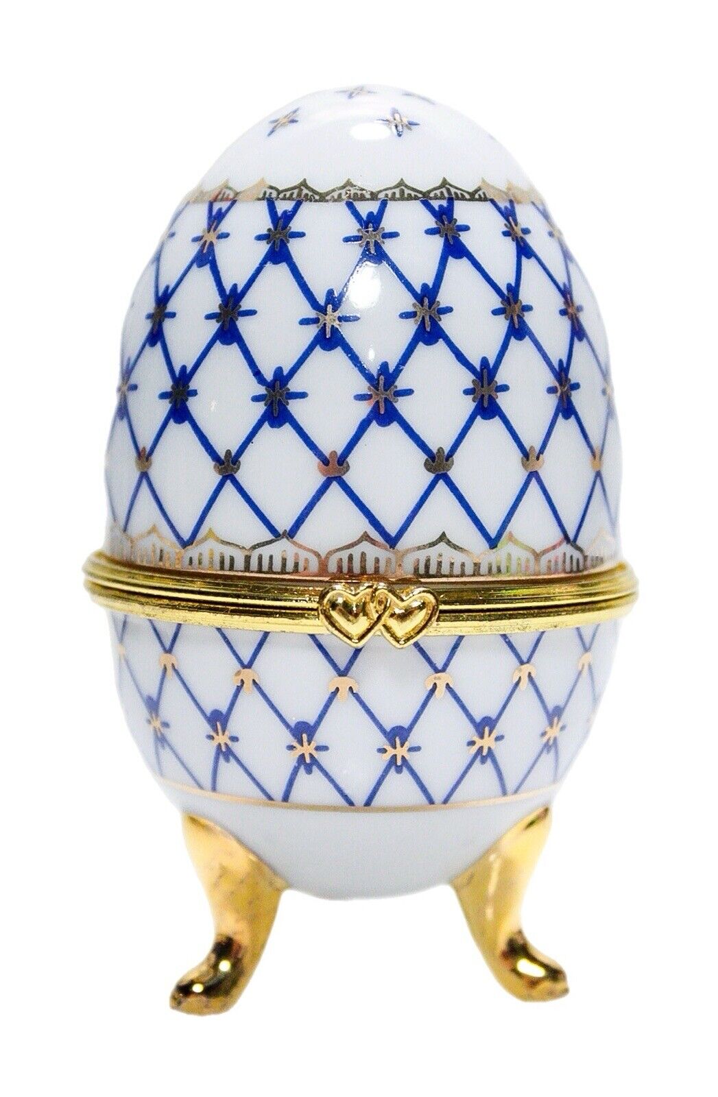 Vintage Gold Gilt & Blue Porcelain Hinged Egg Shaped Footed Trinket Box