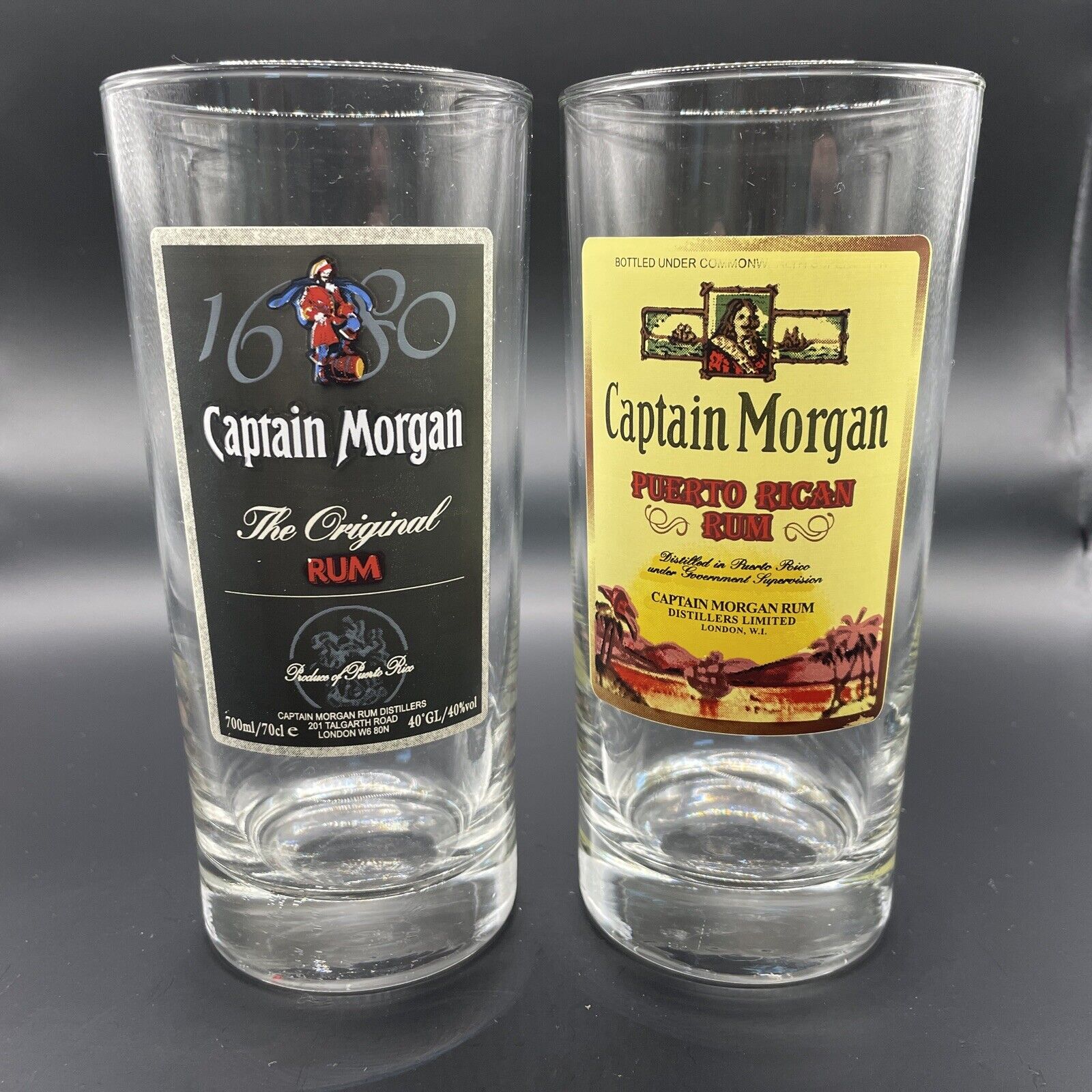 CAPTAIN MORGAN Set Of 2 Tall Glasses Rum Bar Man Cave Captain And Coke