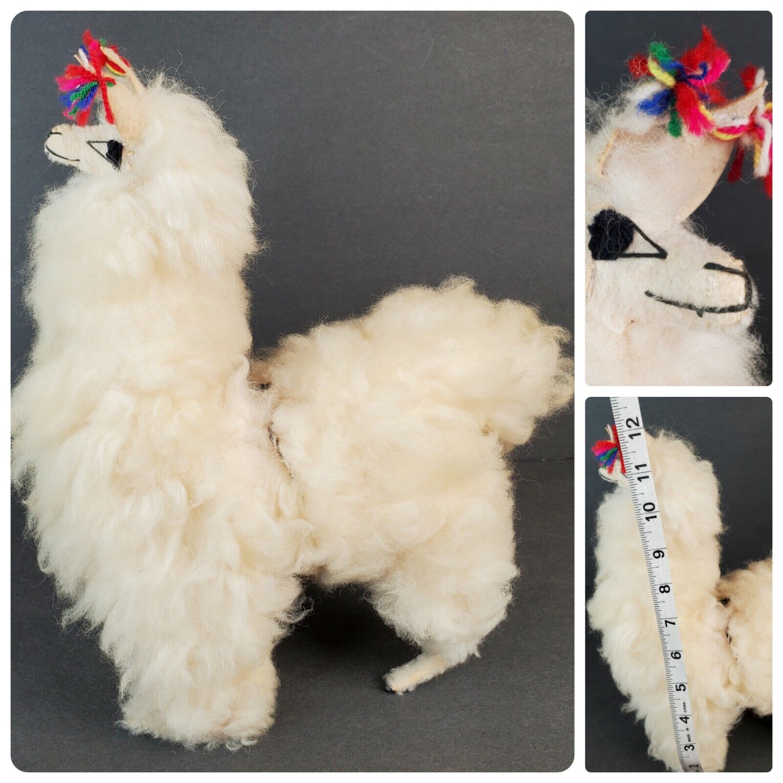 Vintage Llama Alpaca Plush Figure Real Wool Fur 12” Handmade 