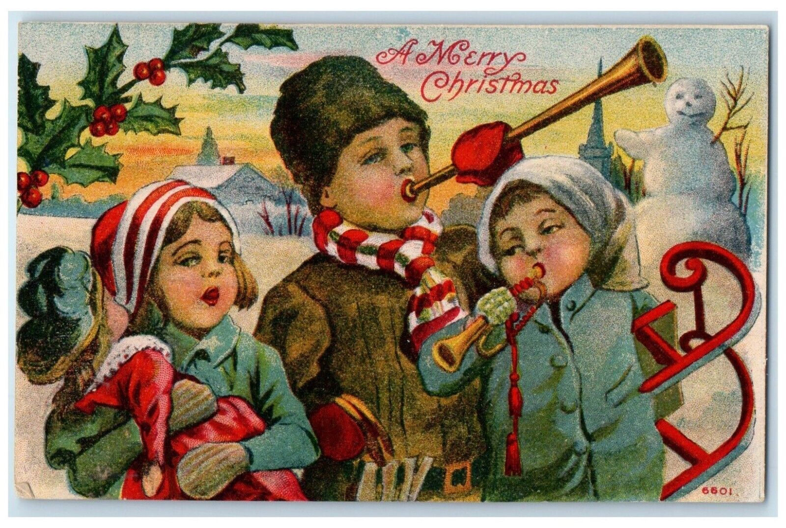 c1910\'s Christmas Snowman Children Holly Berries Winter Scene Antique Postcard