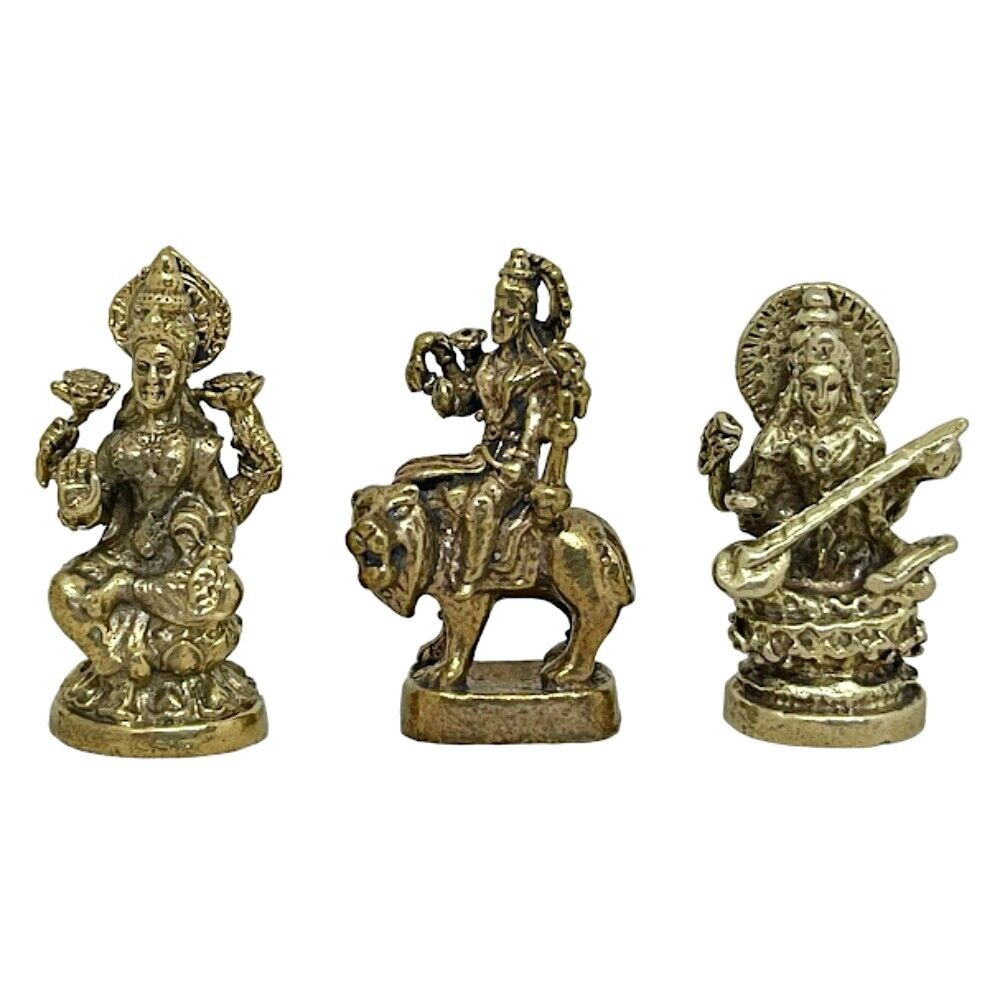 Tridevi Lakshmi Parvati Saraswati Hindu Three Goddess Amulet Mini Brass Idol Set