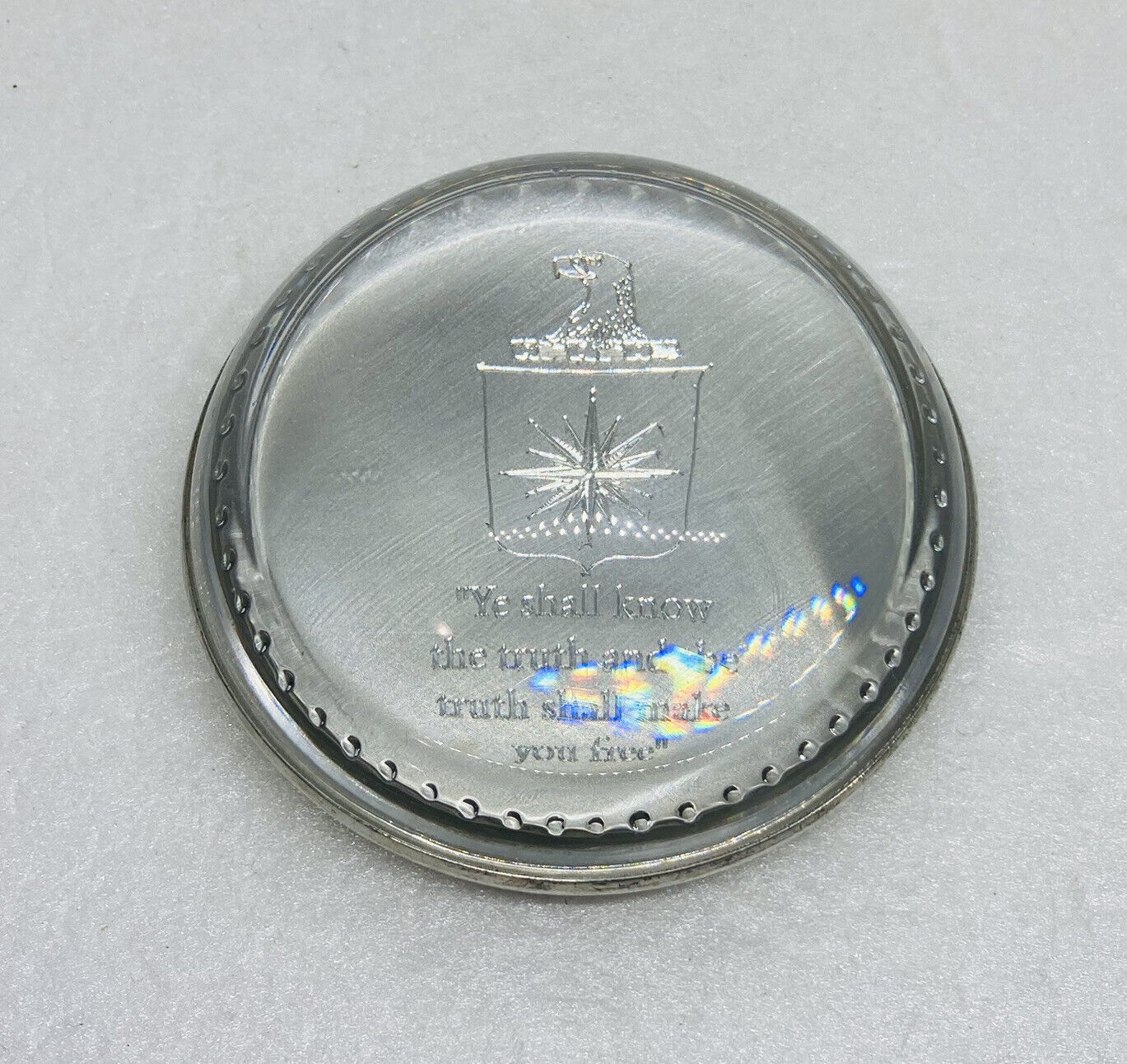 Vintage Salisbury Pewter Paperweight Dome Glass “Truth Shall Make You Free” 31