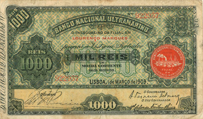 Mozambique - 1,000 Reis - P-32a - 1909 dated Foreign Paper Money - Paper Money -